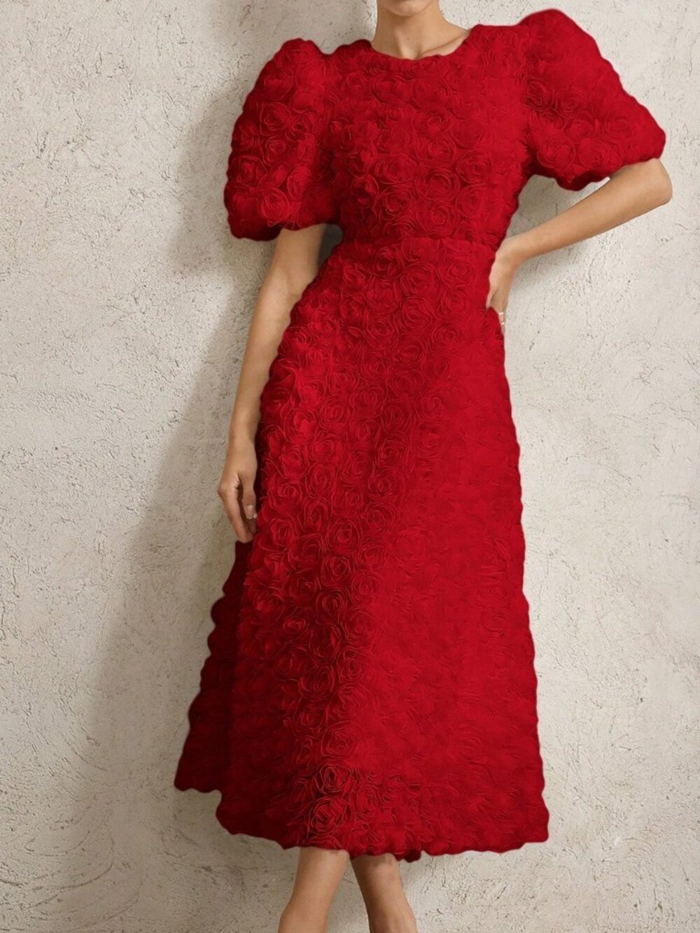 Red Elegant French Women's 3D Floral V-Neck Petal Sleeve Cinched Waist Dress - Picture 1 of 6